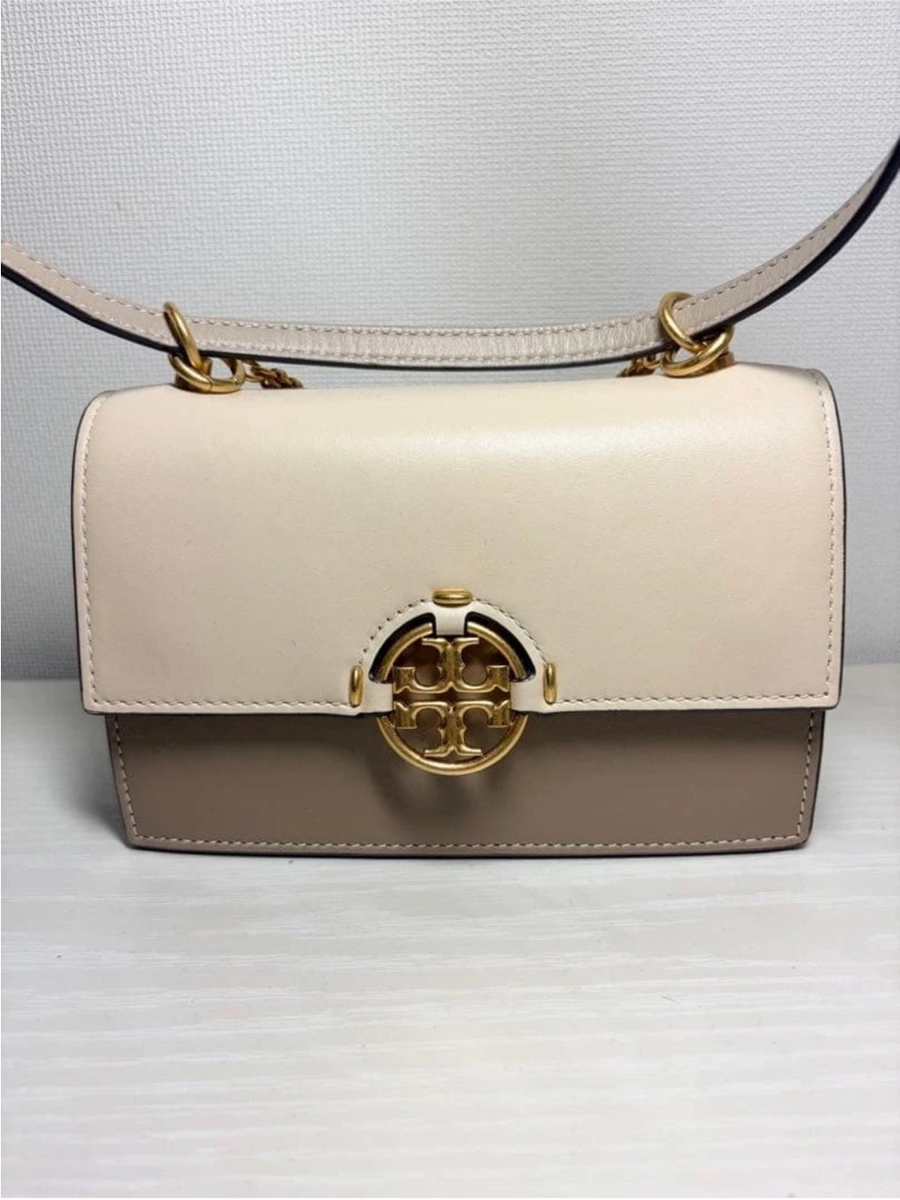 Tory Burch Two-Tone Cream and Taupe Leather Crossbody with Gold Logo